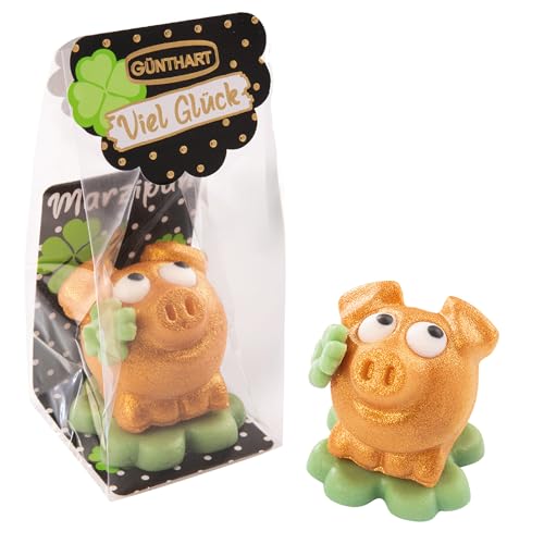 1 Stück Günthart Marzipan-Schweinchen gold auf Kleeblatt im Cellophanbeutel von Günthart
