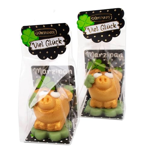 Günthart 2er Set Marzipan Schweinchen Gold - 2 x 40g, edle Geschenkverpackung mit goldenem Overspray & grünem Kleeblatt, als Glücksbringer, perfekt für Silvester und als Glücksgeschenk​ von Günthart