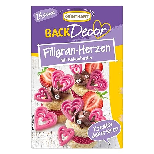 Günthart BackDecor 24 Stück romantische essbare Filigran Herzen in Pink mit feiner Kakaobutter, ähnlich Schokolade, perfekt dekorieren von Desserts, Gebäck und Eisbecher von Günthart