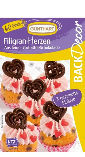 Günthart BackDecor | Decor Filigrane | aus Zartbitter Schokolade | mit Herzmotive | geeignet für deine Kuchen und CupCakes | verschiedene Herzmotiven von Günthart
