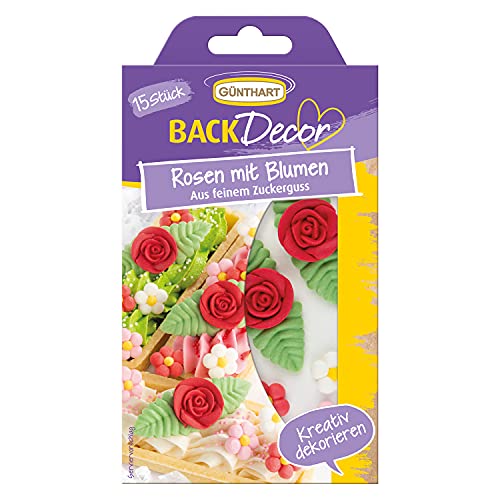 Günthart BackDecor | Rosen mit Blumen | aus feinem Zuckerguss | in den Farben Rosa, Rot und Pink | für Kuchen und CupCakes | zum Dekorieren von Günthart