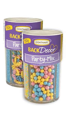 Günthart BackDecor | 2 x Streusel Party Mix | Zuckerstreusel | Streusel Tortendeko | Bunte Streusel | Zuckerperlen | Zuckerdekor | Buchstaben und Dino | Nonpareilles | 2er Set (300 gr) von Günthart