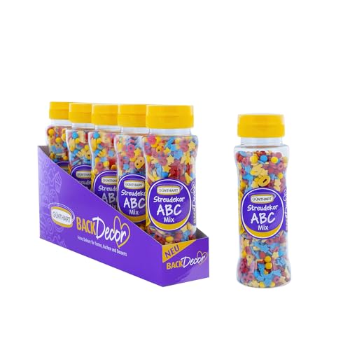 BackDecor Streudekor ABC-Mix, in den knalligen Farben blau, gelb und rot, passend zum Schulanfang oder für einen Kindergeburtstag, Verkaufseinheit bestehend aus 5 Dosen mit je 95 g von Günthart