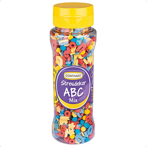 Günthart BackDecor Zuckerstreusel Streudekor ABC Mix, in den knalligen Farben blau, gelb und rot, passend zum Schulanfang oder für einen Kindergeburtstag, 1er Pack (1 x 95 g) von Günthart