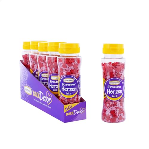 BackDecor Streudekor Herz-Mix in den Farben Rot und Rosa, perfekt für Kindergeburtstage, in der praktischen leicht dosierenden Dosen, Verkaufseinheit mit 5 Stück von Günthart