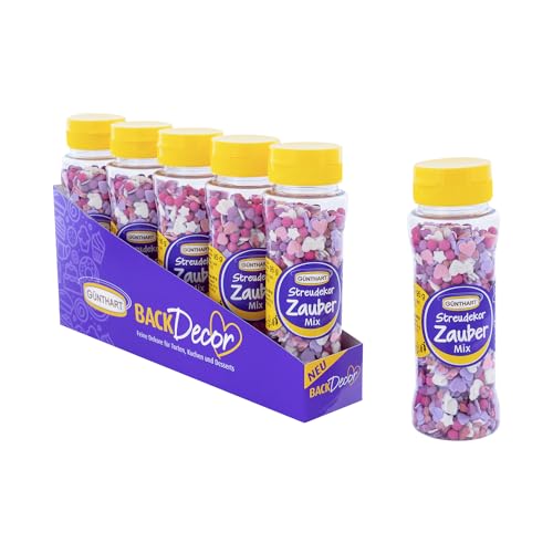 BackDecor Streudekor Zauber-Mix in den Farben lila, rosa und weiß, perfekt für Kindergeburtstage, in der praktischen leicht dosierenden Dosen, Verkaufseinheit mit 5 Stück von Günthart