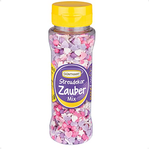 Günthart BackDecor Zuckerstreusel Zauber Mix in den trendigen Farben lila, rosa und weiß, große Zucker Kugeln, Zucker Sterne und Zuckerherzen in groß und klein, 1er Pack (1 x 95 g) von Günthart