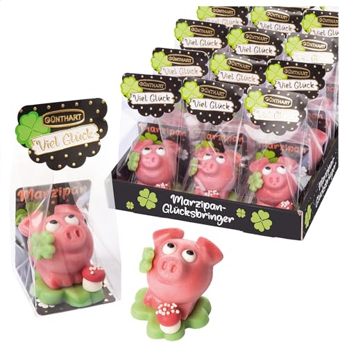 Günthart 15 Stück Marzipan Schweinchen auf Kleeblatt im Cellophanbeutel einzeln verpackt, 1er Pack (600 gr) von Günthart