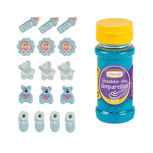 Günthart 16 Zuckerfiguren für Taufe & Baby Shower mit blauen Streudekor von Günthart