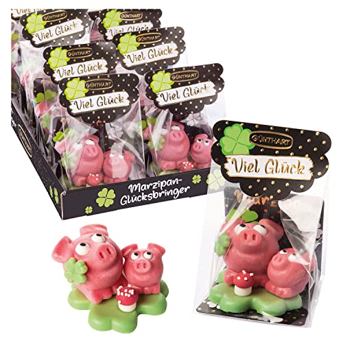 Günthart 8 Stück Marzipan Schweinchen groß und klein auf Kleeblatt und Pilz im Cellophanbeutel, 1er Pack (456 gr) von Günthart