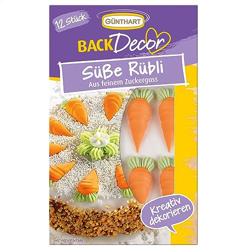 Günthart BackDecor 12 Stück Rüebli, aus Zucker, für einen Karotten, Möhren, Ruebli Kuchen, 1er Pack (36 gr) von Günthart