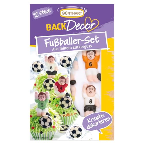 Günthart BackDecor 12 Zucker Fußballer und Fußbälle geeignet für Fußballanlässe und Geburtstage zum Thema Fußball als essbare Tortendekoration, 1er Pack (21 gr) von Günthart