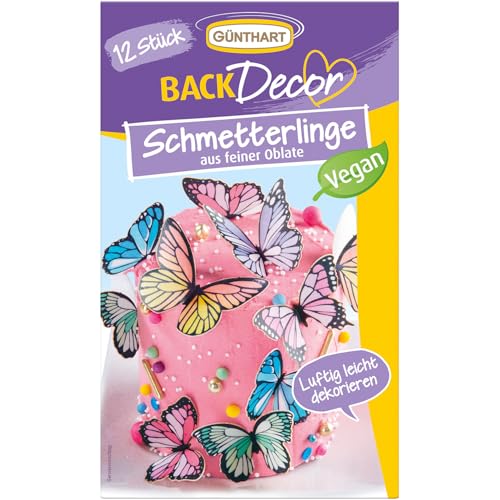 Günthart BackDecor 12 bunte Schmetterlinge aus Oblaten, in verschiedenen Farben und Größen, 3D Schmetterling Effekt | 100% VEGAN, 1er Pack (1 x 5 g) von Günthart