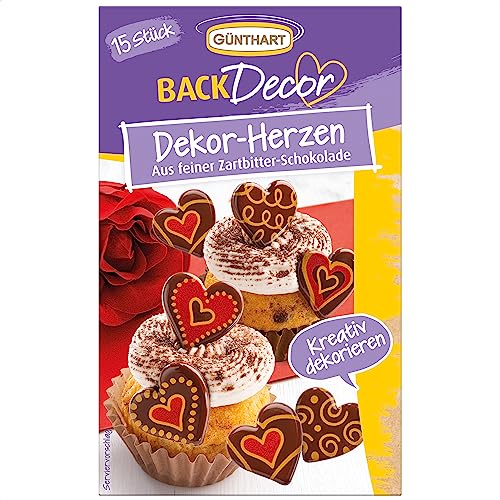 Günthart BackDecor 15 Stück Dekor Herzen aus feiner Zartbitter-Schokolade in rot und gold bedruckt als essbare Tortendeko von Günthart