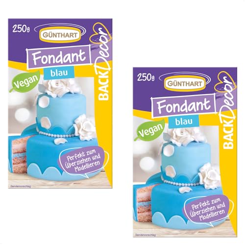 Günthart BackDecor 2 x 250 gr blau Fondant, 100% Vegan, Palmölfrei, Reißfest zum überziehen von Torten und Kuchen, zum Modellieren geeignet, 1er Pack (1 x 500 gr) von Günthart