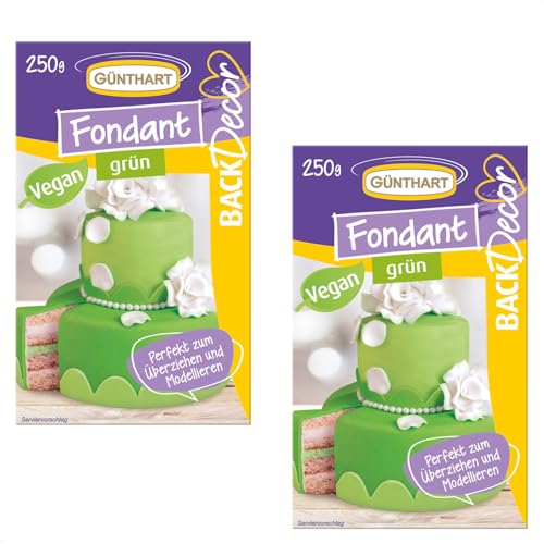 Günthart BackDecor 2 x 250 gr grün Fondant, 100% Vegan, Palmölfrei, Reißfest zum überziehen von Torten und Kuchen, zum Modellieren geeignet, 1er Pack (1 x 500 gr) von Günthart