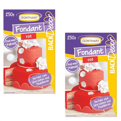 Günthart BackDecor 2 x 250 gr rot Fondant, Palmölfrei, Reißfest zum überziehen von Torten und Kuchen, zum Modellieren geeignet, 1er Pack (1 x 500 g) von Günthart