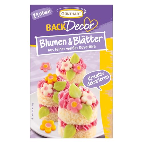 Günthart BackDecor 24 Blumen und Blätter aus weißer Schokolade in verschiedenen Farben, 1er Set (9 gr) von Günthart