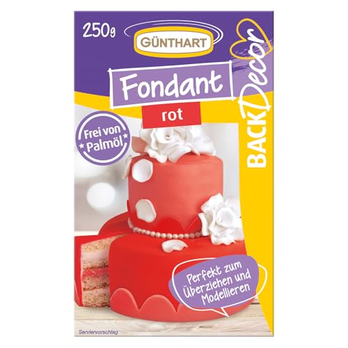 Günthart BackDecor 250 gr Rot Fondant, 100% Vegan, Palmölfrei, Reißfest zum überziehen von Torten und Kuchen, zum Modellieren geeignet, 1er Pack (1 x 250 g) von Günthart