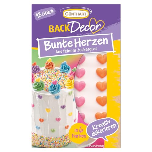Günthart BackDecor 48 süße bunte Zuckerherzen in sechs verschiedenen Farben, Herzen aus Zucker in grün, blau, lila, gelb, rosa und orange Günthart BackDecor 48 süße bunte Zuckerherzen in sechs verschiedenen Farben, Herzen aus Zucker in grün, blau, lila, gelb, rosa und orange von Günthart