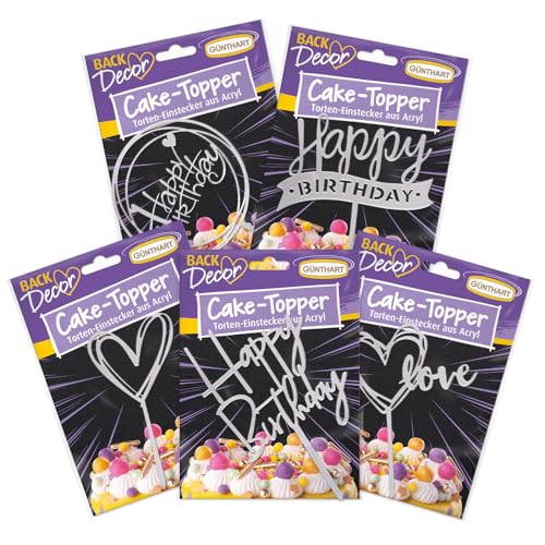 Günthart BackDecor 5er SET Cake Topper aus Acryl, SILBER, gemischt mit Herz und Happy Birthday, 5er Set Günthart BackDecor 5er SET Cake Topper aus Acryl, SILBER, gemischt mit Herz und Happy Birthday, 5er Set von Günthart