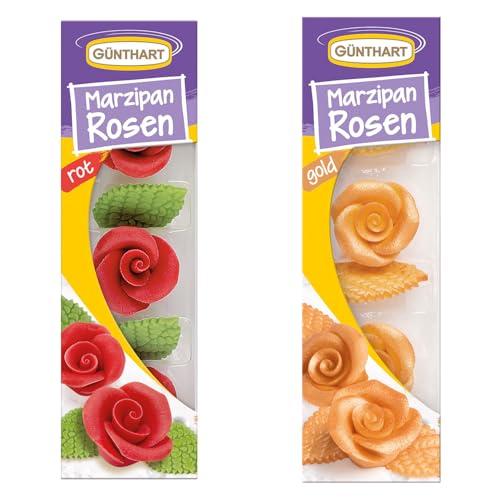 Günthart BackDecor 6 Marzipan Rosen SET in Gold und Rot mit Blättern aus Marzipan, jeweils 3 Rosen und Blätter, 2er Pack (1 x 66 gr) von Günthart