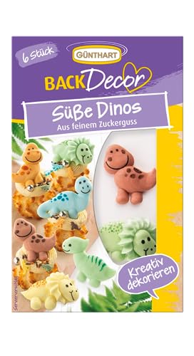 Günthart BackDecor 6 Süße Dinos aus Zucker, zum Dekorieren in verschiedenen Farben für alle Dino Fans 1er Pack 20 gr von Günthart