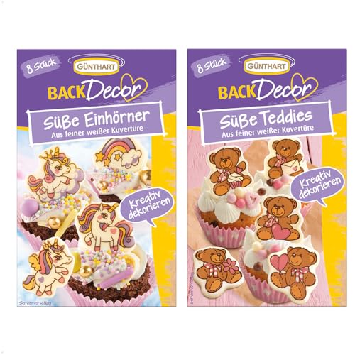 Günthart BackDecor 8 Einhörner und 8 Teddies aus weißer feiner Kuvertüre SET, 2er Pack (1 x 34 g) von Günthart