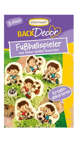 Günthart BackDecor 8 essbare Schoko Fußballer aus weißer Schokolade, Schokoladenaufleger mit Fußballmotiven für Torten und Cupcakes, 1er Pack (18 gr) von Günthart