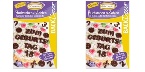 Günthart BackDecor 90 Stück Schokoladen Buchstaben, Alphabet und Zahlen aus feiner Zartbitter Schokolade, essbare Zahlen essbare Buchstaben für Torten und CupCakes, 2er Pack (47 g) von Günthart