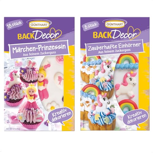 Günthart BackDecor Einhorn und Prinzessin Set, 8 x Thema Einhorn Zuckerfiguren und 18 Märchen Prinzessin Thema aus feinem Zuckerguß, 2er Pack (1 x 34 g) von Günthart