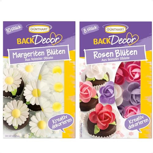 Günthart BackDecor Oblaten SET mit 8 Rosen Blüten und 10 Margeriten Blüten aus Oblate für Kuchen und CupCakes, 2er Pack (1 x 17 gr) von Günthart