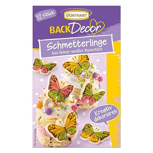 Günthart BackDecor 12 Stück Schmetterlinge aus feiner weißer Kuvertüre bunt bedruckt als Tortendekoration von Günthart