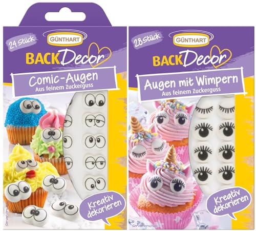 Günthart BackDecor Zucker Augen Set - Augen aus feinem Zuckerguss - 24 Comic Augen - und 28 Augen mit Wimpern - kreative Dekoration für Muffins, Cupcakes von Günthart