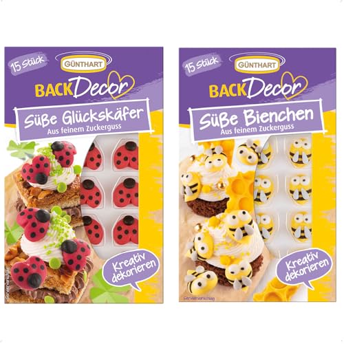 Günthart BackDecor mit 30 Zuckerfiguren, mit 15 Glückskäfer und 15 Bienchen als SET, 2er Pack (1 x 27 g) von Günthart