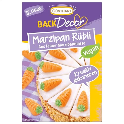 Günthart Backdecor 12 Stück Marzipan Rübli VEGAN, Ruebli aus feinem Marzipan, mit grünem Zucker Strang, er Pack (1 x 40 g) von Günthart