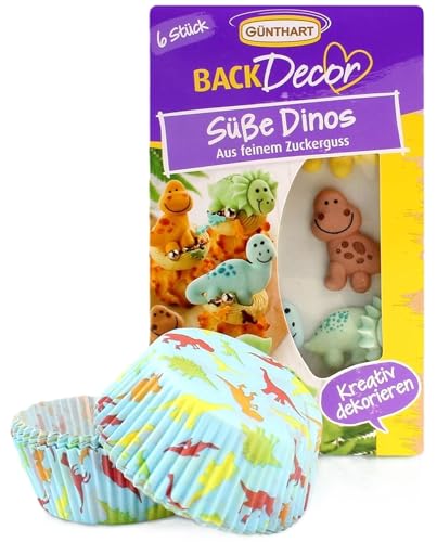 Günthart Backdecor süße Dinos & Dino Muffinförmchen 50 Stück, Backdekorationen, Muffinförmchen aus Papier & Dino Zuckerdekor zum Backen von Cupcakes & Muffins, ideal für Kinder-Geburtstage von Günthart