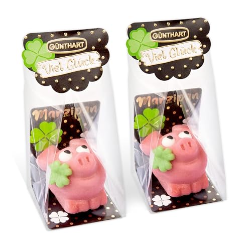 Günthart Marzipan Glücksschweinchen Rosa 2er Set - 2 x 30g, edle Geschenkverpackung mit rosa Marzipanschweinchen & grünem Kleeblatt, als Glücksbringer, perfekt für Silvester und als Geschenk​ von Günthart