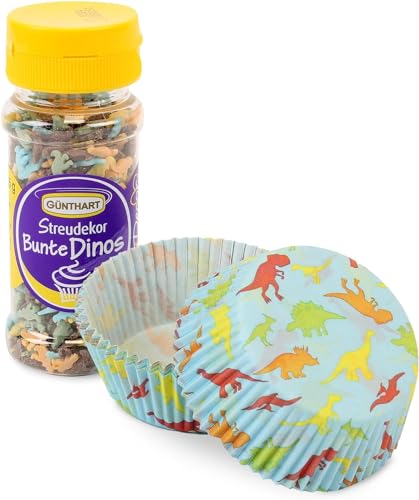 Günthart Streudekor Bunte Dino Streusel 55g & Dino Muffinförmchen 50 Stück, Muffinförmchen aus Papier & Dino Streusel zum Backen von Cupcakes & Muffins, ideal für Kinder-Geburtstage & Partys von Günthart