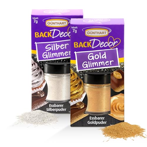 Günthart essbares Gold & Silber Glimmer im 2er Set zum Backen & Dekorieren von Backkreationen, insgesamt 14g Puder für glitzernde Muffins, Kuchen, Kekse, Cocktails und mehr von Günthart