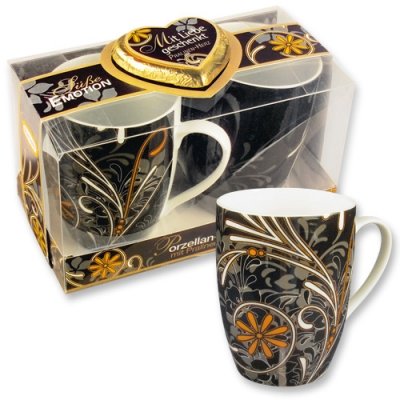 Kaffeebecher Porzellan Tassen Geschenkset inkl. Pralinen Schokoherz 2 Tassen scharz gelb Ornament von Günthart