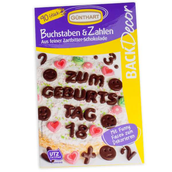 Schokoladenbuchstaben & Schokoladenzahlen fürs Partygebäck, 90 Stück von Günthart