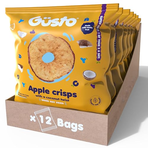 GUSTO SNACKS Knusprige Apfelchips mit Kokosnuss, reich an Ballaststoffen, Vegan, Glutenfrei und Vegetarisch. Gesunde Snackbox, Gettarme Getrocknete Fruchtchips - 20g (12 Tüten). von Güsto