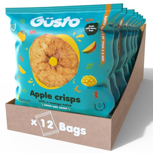 GUSTO SNACKS Knusprige Apfelchips mit Mangosaft, reich an Ballaststoffen, Vegan, Glutenfrei und Vegetarisch. Gesunde Snackbox, Fettarme Getrocknete Fruchtchips - 20g (12 Tüten) von Güsto