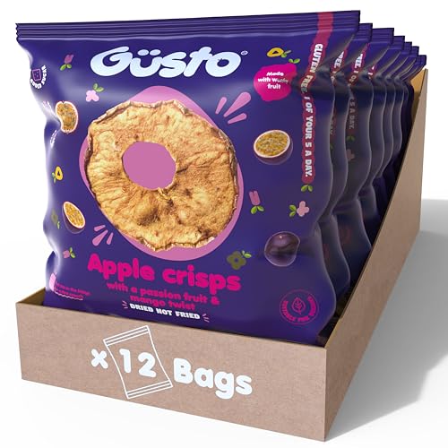 GUSTO SNACKS Knusprige Apfelchips mit Passionsfrucht- und Mangosaft, reich an Ballaststoffen, vegan, glutenfrei und vegetarisch. Gesunde Snackbox, fettarme getrocknete Fruchtchips - 20g (12 Tüten) von Güsto