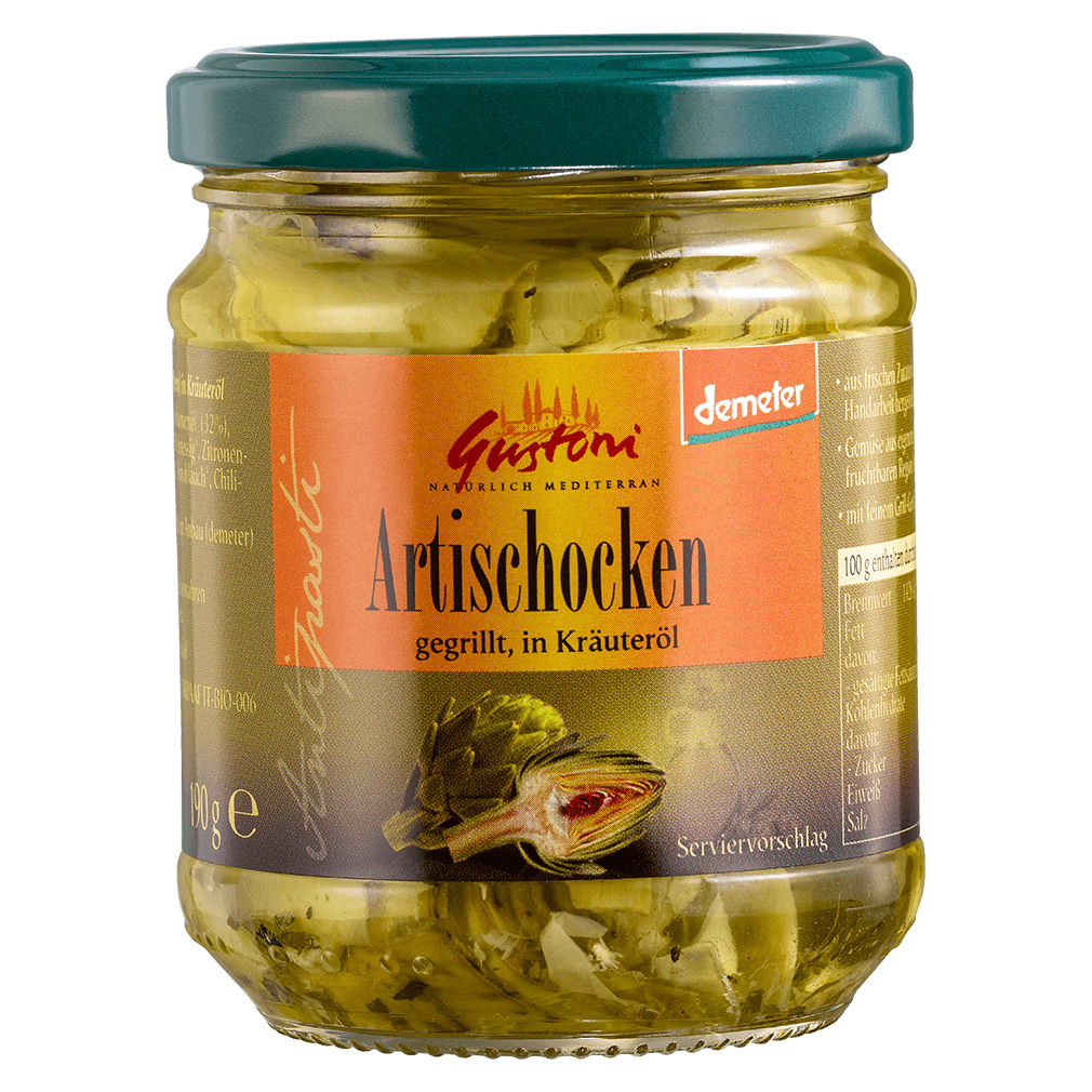 Bio Artischocken, gegrillt, in Kräuteröl Bio Artischocken, gegrillt, in Kräuteröl von Gustoni
