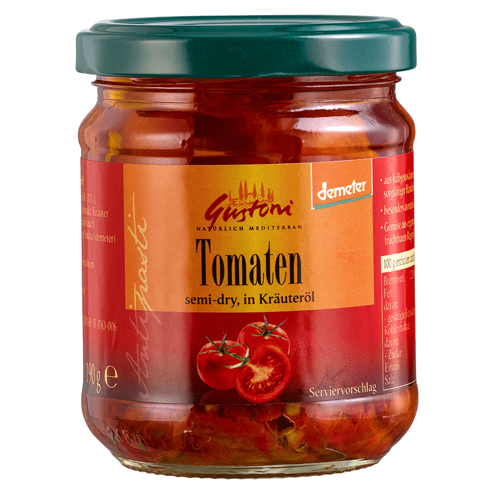 Bio Halbgetrocknete Tomaten in Kräuteröl von Gustoni