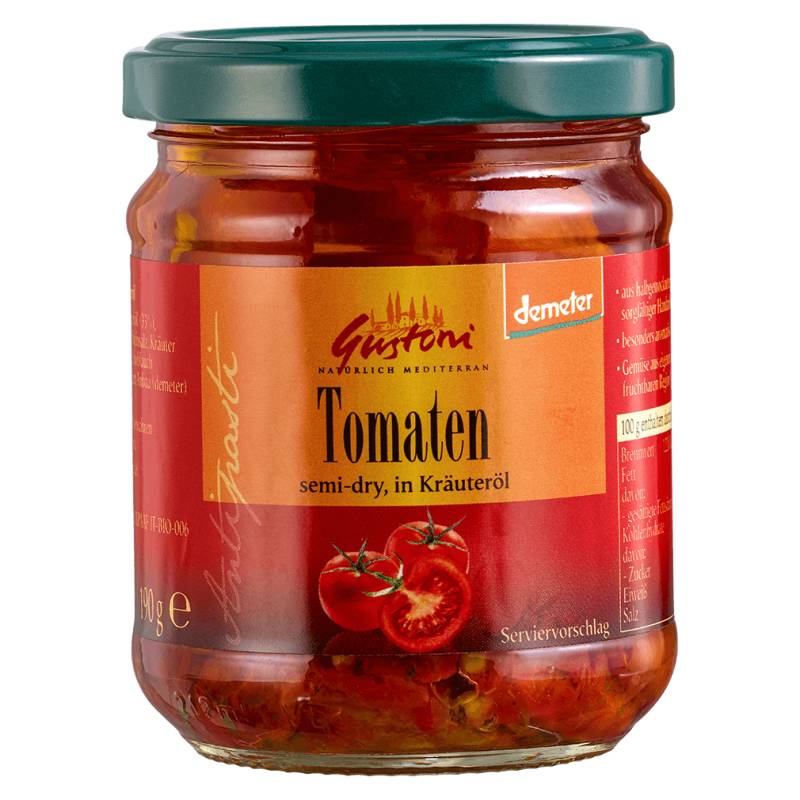 Bio Halbgetrocknete Tomaten in Kräuteröl von Gustoni