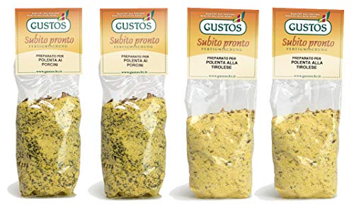 GUSTOS - 4 Packungen Polenta, 2x Polenta Tiroler Art und 2x Polenta mit Steinpilzen - jeweils 350 Gr. Das uralte Gericht aus Maismehl, lecker und gesund von Gustos True Taste