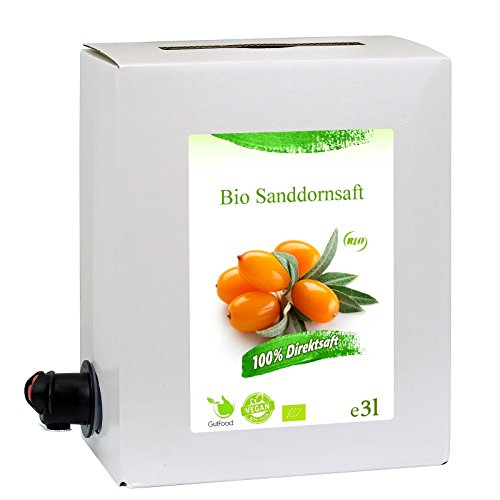 GutFood - 3 Liter Bio Sanddornsaft - Bio Sanddorn Saft in praktischer Bag in Box Packung ( 1 x 3 l Saftbox ) - Muttersaft aus Erstpressung in absoluter Spitzenqualität aus ökologischem Landbau von GutFood